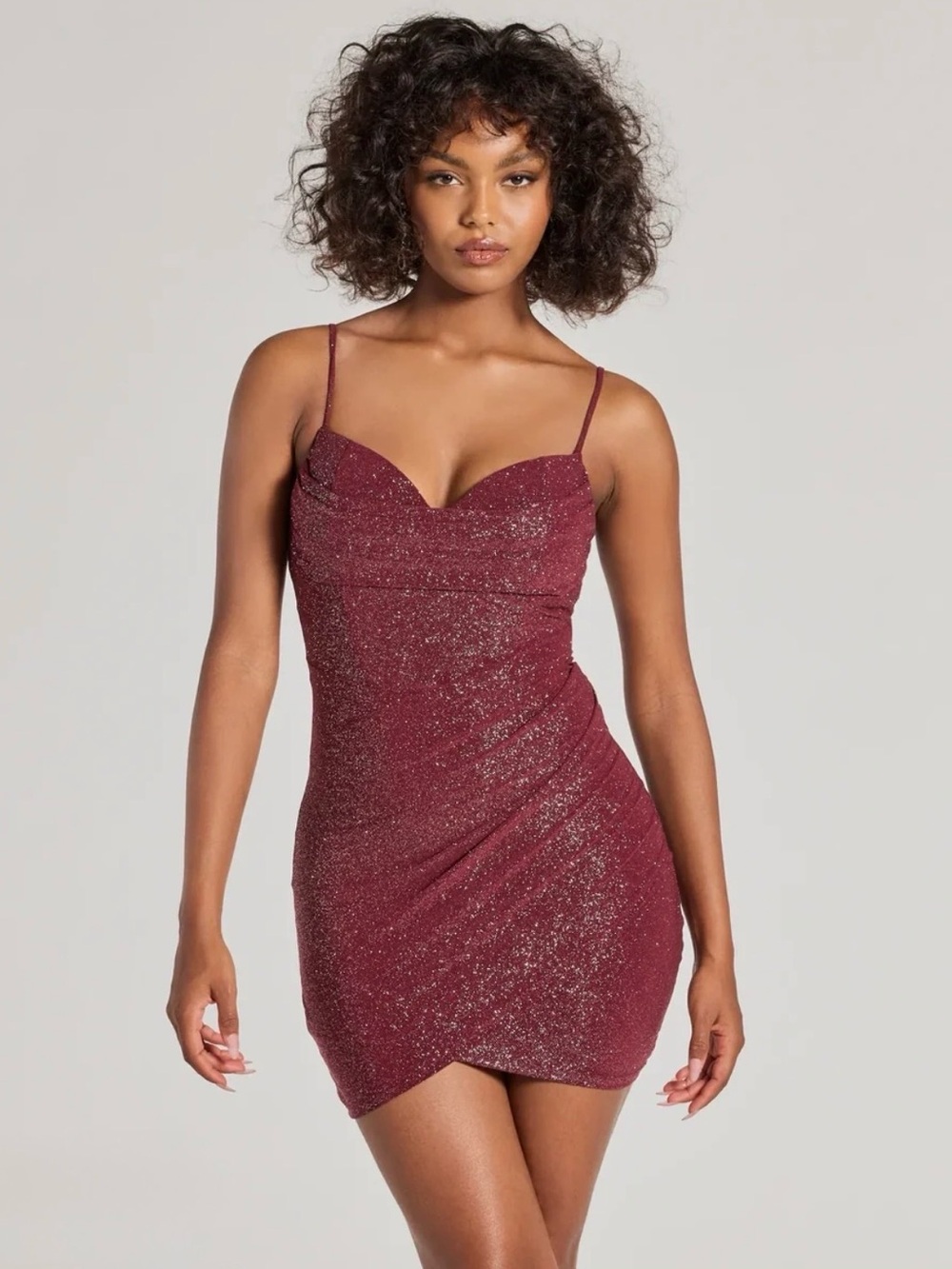 Windsor Shimmer Spaghetti Strap Mini Dress in Wine